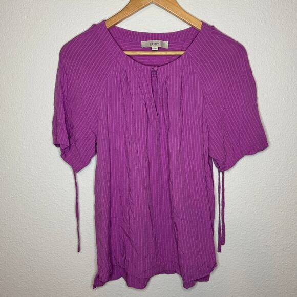 Loft Pink Seersucker Tie Back Yoke Top V-neck Cotton Blend Size Medium - Picture 4 of 7